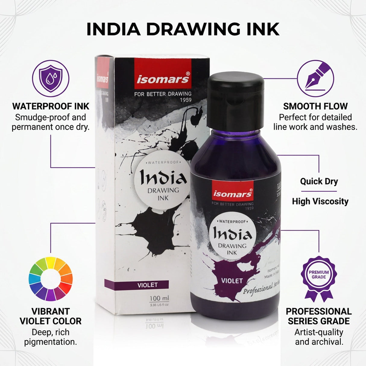 India Waterproof Drawing Ink Voilet 100ml | Permanent Lightfast Artist Ink for Calligraphy, Airbrush, Illustration & Fabric Painting - Isomars
