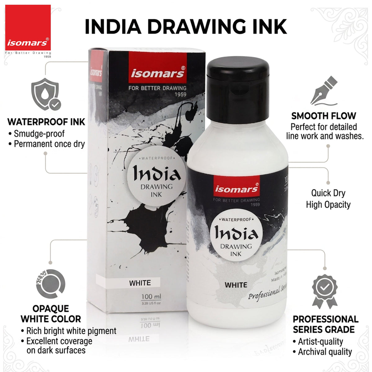 India Waterproof Drawing Ink White 100ml | Permanent Lightfast Artist Ink for Calligraphy, Airbrush, Illustration & Fabric Painting - Isomars