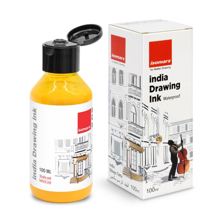 India Waterproof Drawing Ink Yellow 100ml | Permanent Lightfast Artist Ink for Calligraphy, Airbrush, Illustration & Fabric Painting - Isomars
