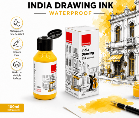 India Waterproof Drawing Ink Yellow 100ml | Permanent Lightfast Artist Ink for Calligraphy, Airbrush, Illustration & Fabric Painting - Isomars