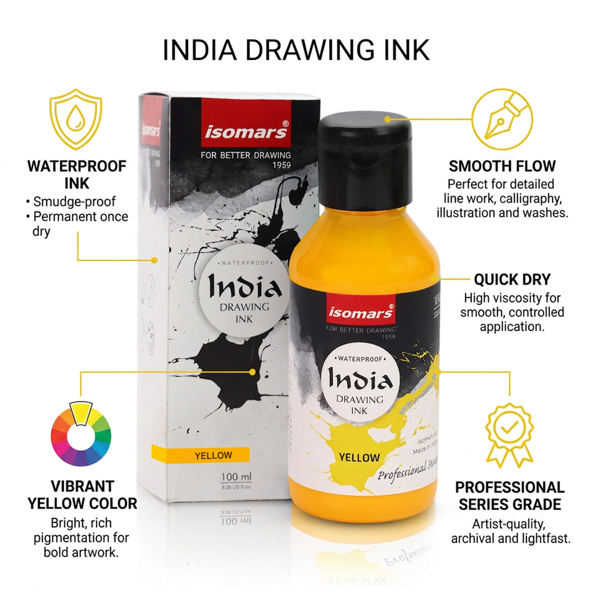 India Waterproof Drawing Ink Yellow 100ml | Permanent Lightfast Artist Ink for Calligraphy, Airbrush, Illustration & Fabric Painting - Isomars