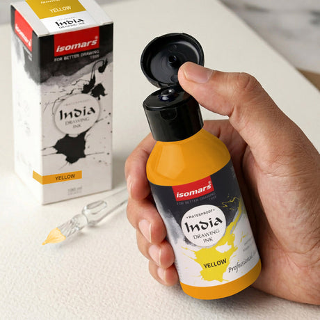 India Waterproof Drawing Ink Yellow 100ml | Permanent Lightfast Artist Ink for Calligraphy, Airbrush, Illustration & Fabric Painting - Isomars