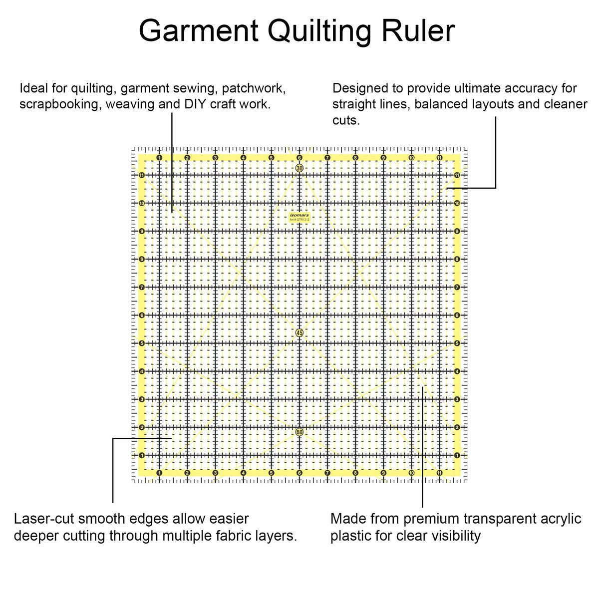 Isomars 12 x 12 Inch Garment Quilting Ruler | 3mm Clear Acrylic - Isomars