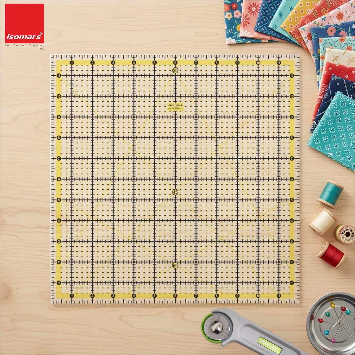 Isomars 12 x 12 Inch Garment Quilting Ruler | 3mm Clear Acrylic - Isomars