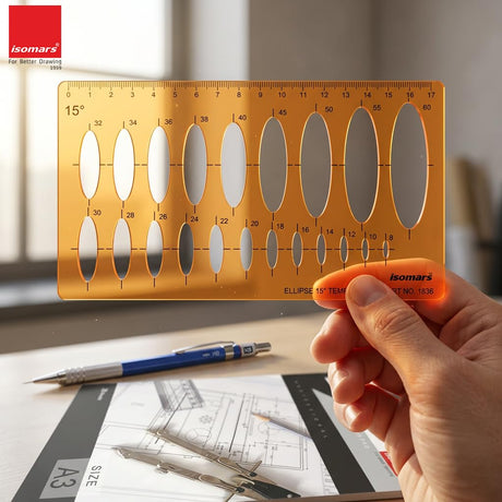 Isomars 15° Ellipse Drawing Flexible Template | Transparent Ellipse Drafting Stencil with Multiple Ellipse Sizes & Metric Scale for Technical Drawing, Architecture, Engineering, Design & Isometric Drawing - Isomars
