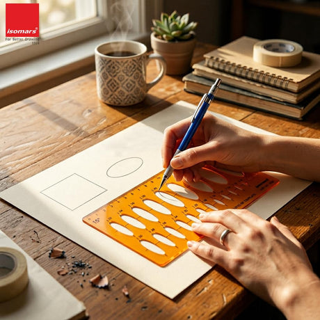 Isomars 15° Ellipse Drawing Flexible Template | Transparent Ellipse Drafting Stencil with Multiple Ellipse Sizes & Metric Scale for Technical Drawing, Architecture, Engineering, Design & Isometric Drawing - Isomars
