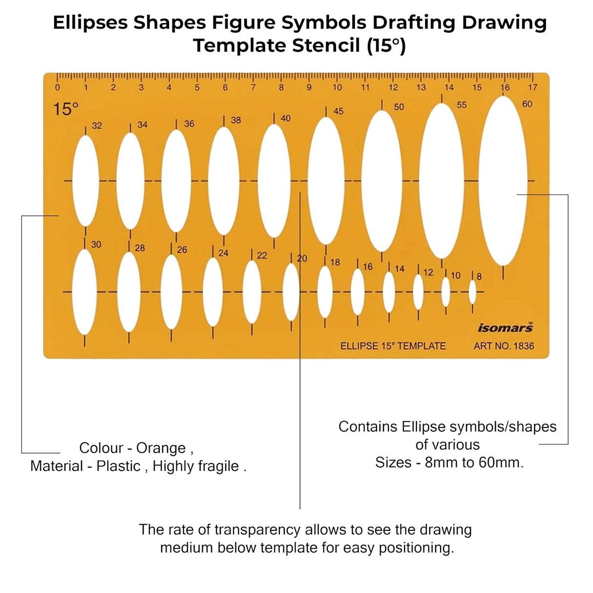 Isomars 15° Ellipse Drawing Flexible Template | Transparent Ellipse Drafting Stencil with Multiple Ellipse Sizes & Metric Scale for Technical Drawing, Architecture, Engineering, Design & Isometric Drawing - Isomars