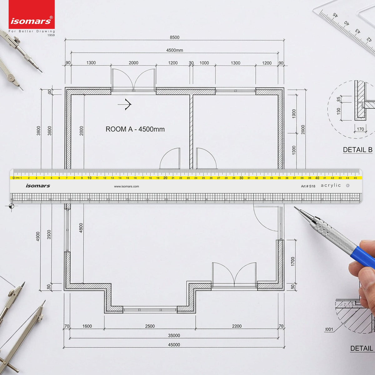 Isomars 18 Inch Acrylic Ruler | Clear Grid Measuring Scale - Isomars