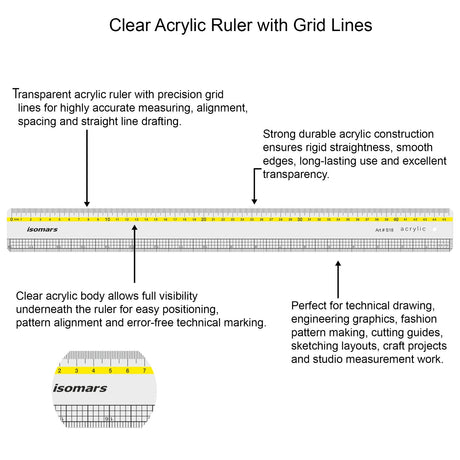 Isomars 18 Inch Acrylic Ruler | Clear Grid Measuring Scale - Isomars