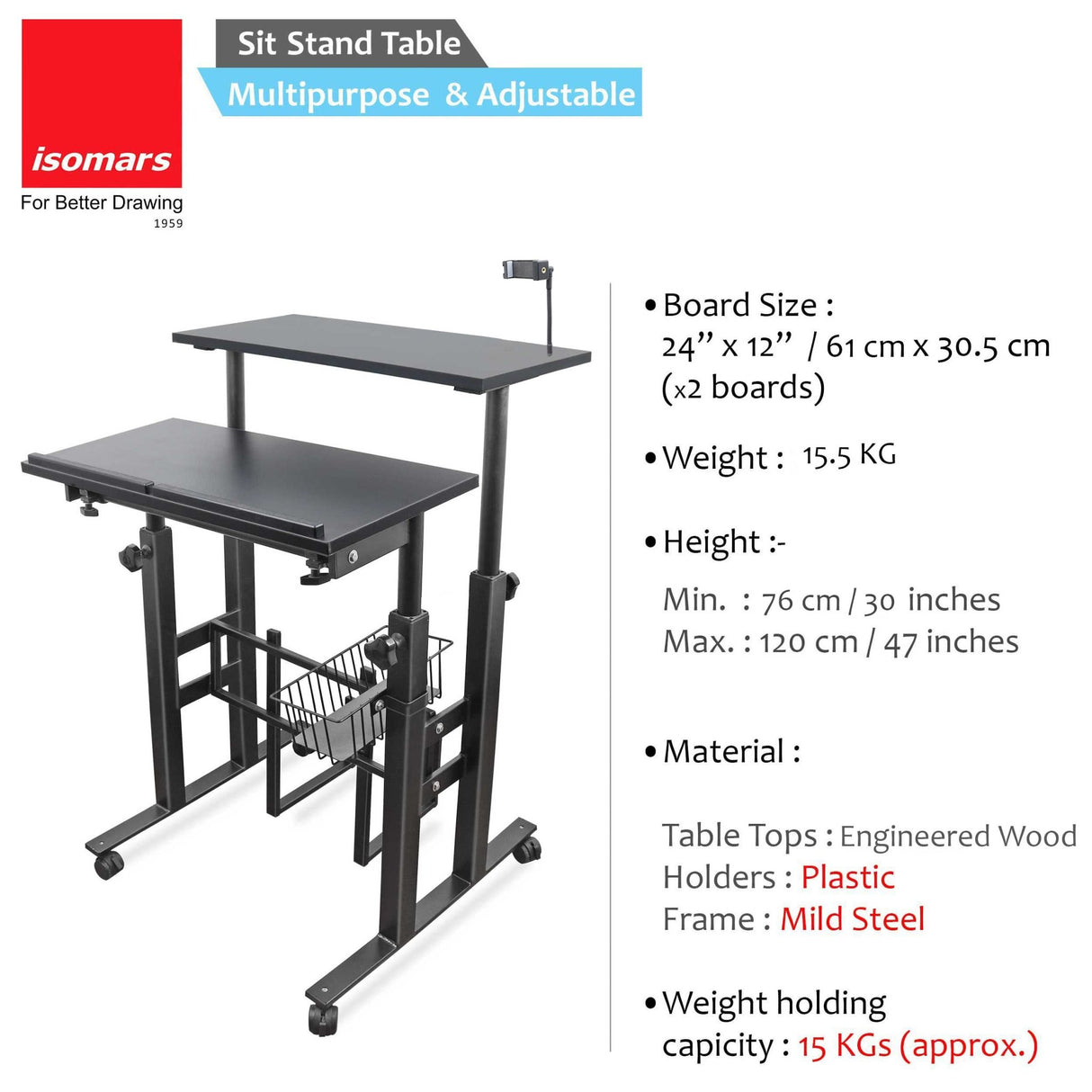 Isomars 24"/61cm Wide Made In India Desktop & Laptop Multipurpose Adjustable Table & Computer Workstation - Useful for Using Gadgets Like Desktop, Laptop etc (Black) - Isomars