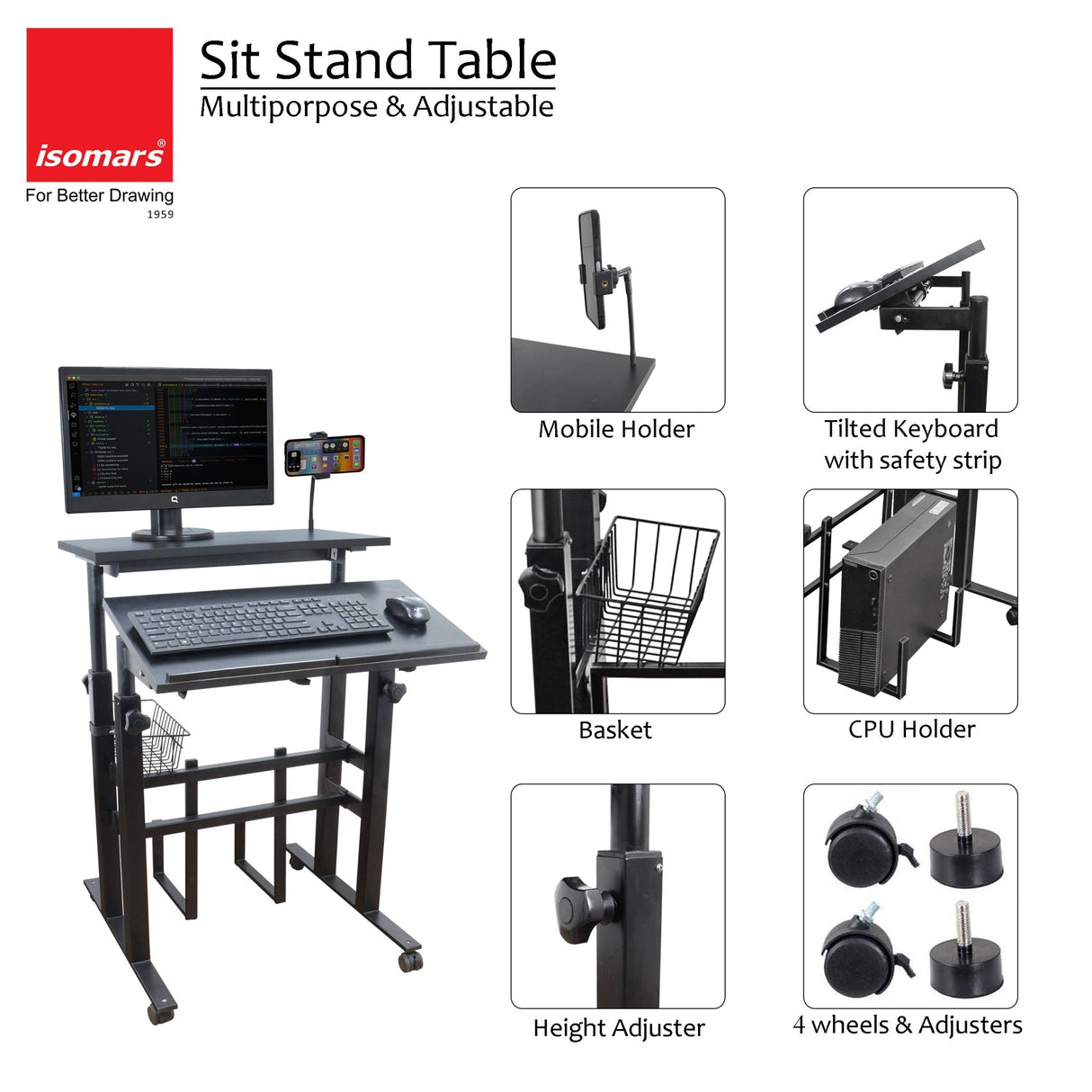 Isomars 24"/61cm Wide Made In India Desktop & Laptop Multipurpose Adjustable Table & Computer Workstation - Useful for Using Gadgets Like Desktop, Laptop etc (Black) - Isomars