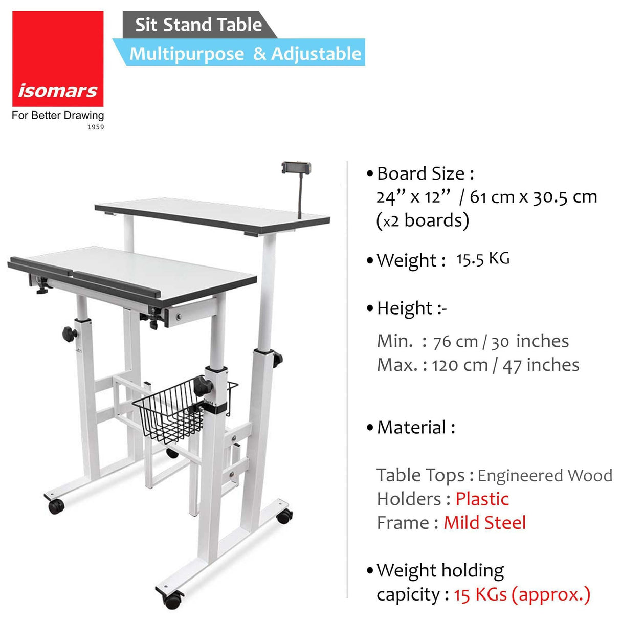 Isomars 24"/61cm Wide Made In India Desktop & Laptop Multipurpose Adjustable Table & Computer Workstation - Useful for Using Gadgets Like Desktop, Laptop, Tab/iPad etc (White) - Isomars
