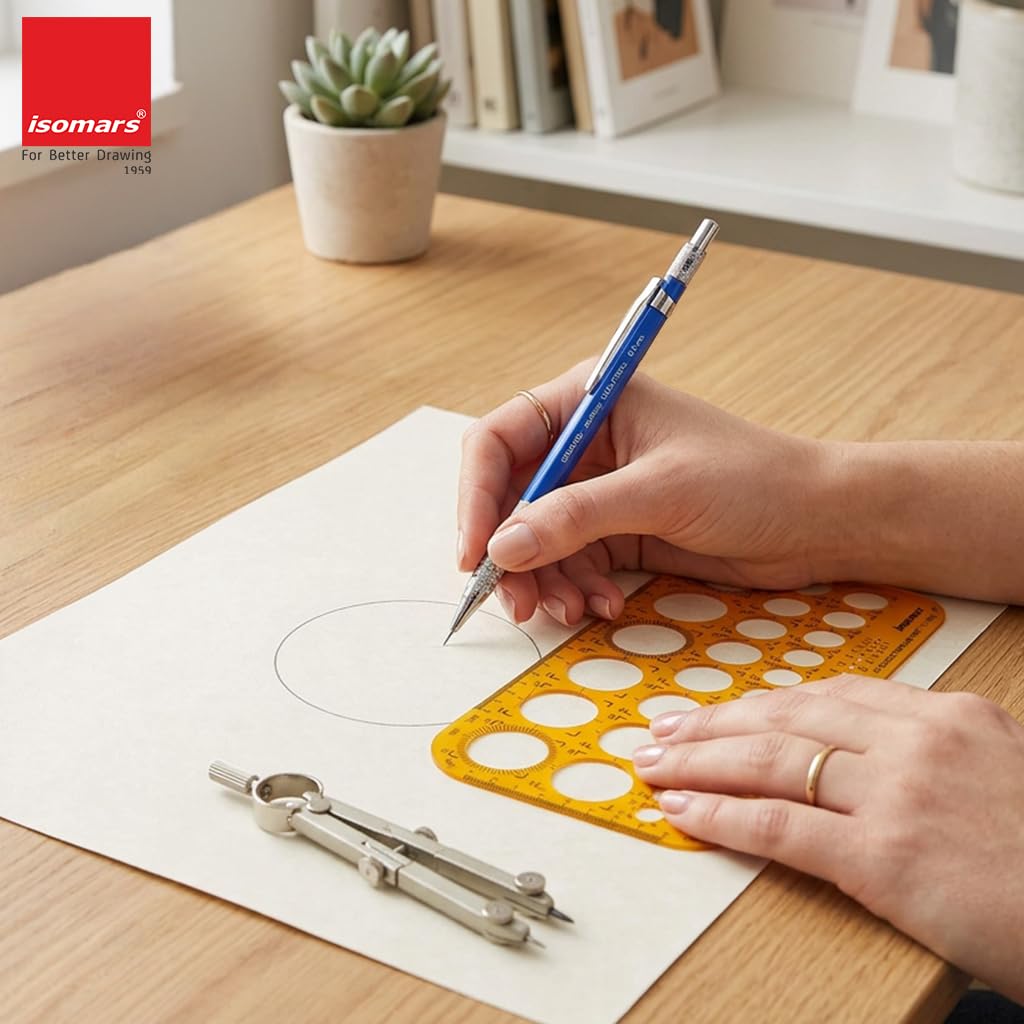 Isomars 45 Circles Drawing Template Stencil | Metric Circle Drafting Template with Built-in Scale | Transparent Plastic Geometry Drawing Tool for Architects, Engineers, Designers, Artists & Students - Isomars