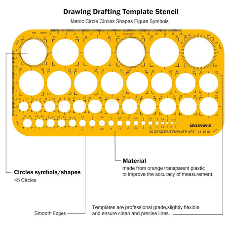 Isomars 45 Circles Drawing Template Stencil | Metric Circle Drafting Template with Built-in Scale | Transparent Plastic Geometry Drawing Tool for Architects, Engineers, Designers, Artists & Students - Isomars