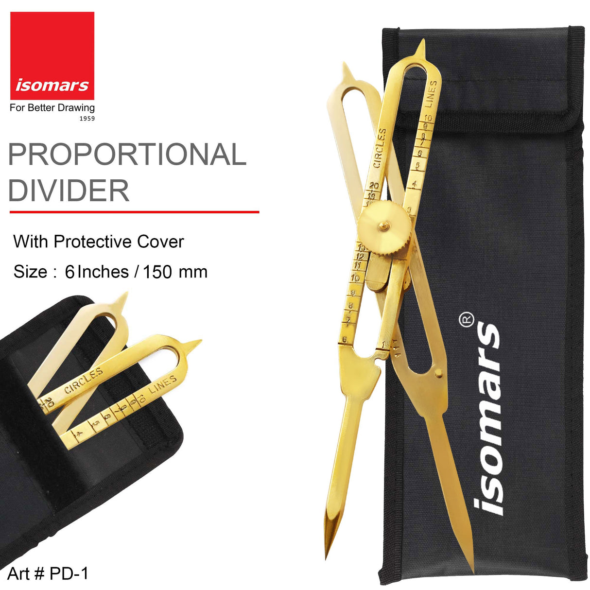 Isomars 6" Brass Proportional Divider with Storage Pouch for scaling, measuring, drawing, painting - Isomars