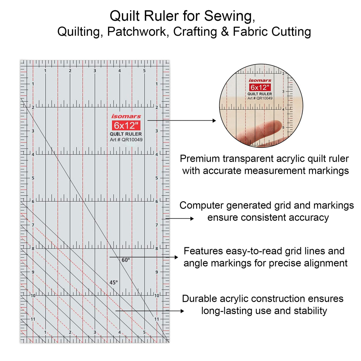Isomars 6 x 12 Inch Acrylic Quilt Ruler for Sewing & Fabric Cutting - Isomars
