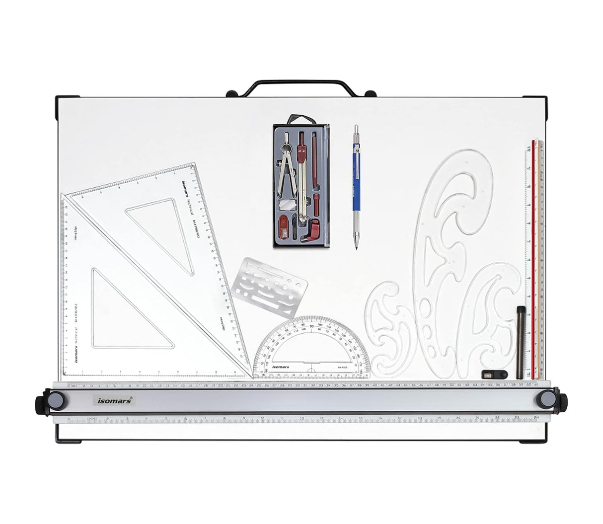 Isomars A2 Drawing & Drafting Kit | 18.5" x 25.5" Drafting Board with Compass Set, Set Squares, Pencil, Triangular Scale & Protractor | Technical Drawing Kit for Architects, Engineers, Students & Professionals - Isomars