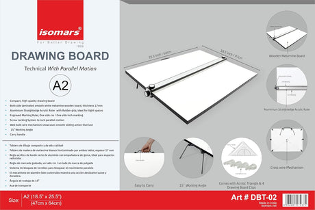 Isomars A2 Drawing & Drafting Kit | 18.5" x 25.5" Drafting Board with Compass Set, Set Squares, Pencil, Triangular Scale & Protractor | Technical Drawing Kit for Architects, Engineers, Students & Professionals - Isomars