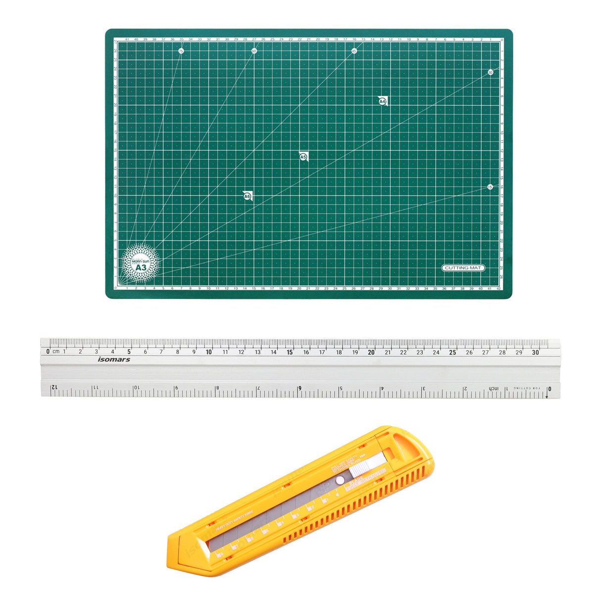Isomars A3 Self-Healing Cutting Mat with 12 Inch Aluminium Scale & Jumbo Paper Cutter | Precision Cutting Kit for Paper Craft, Artwork, Office, School & DIY Projects - Isomars