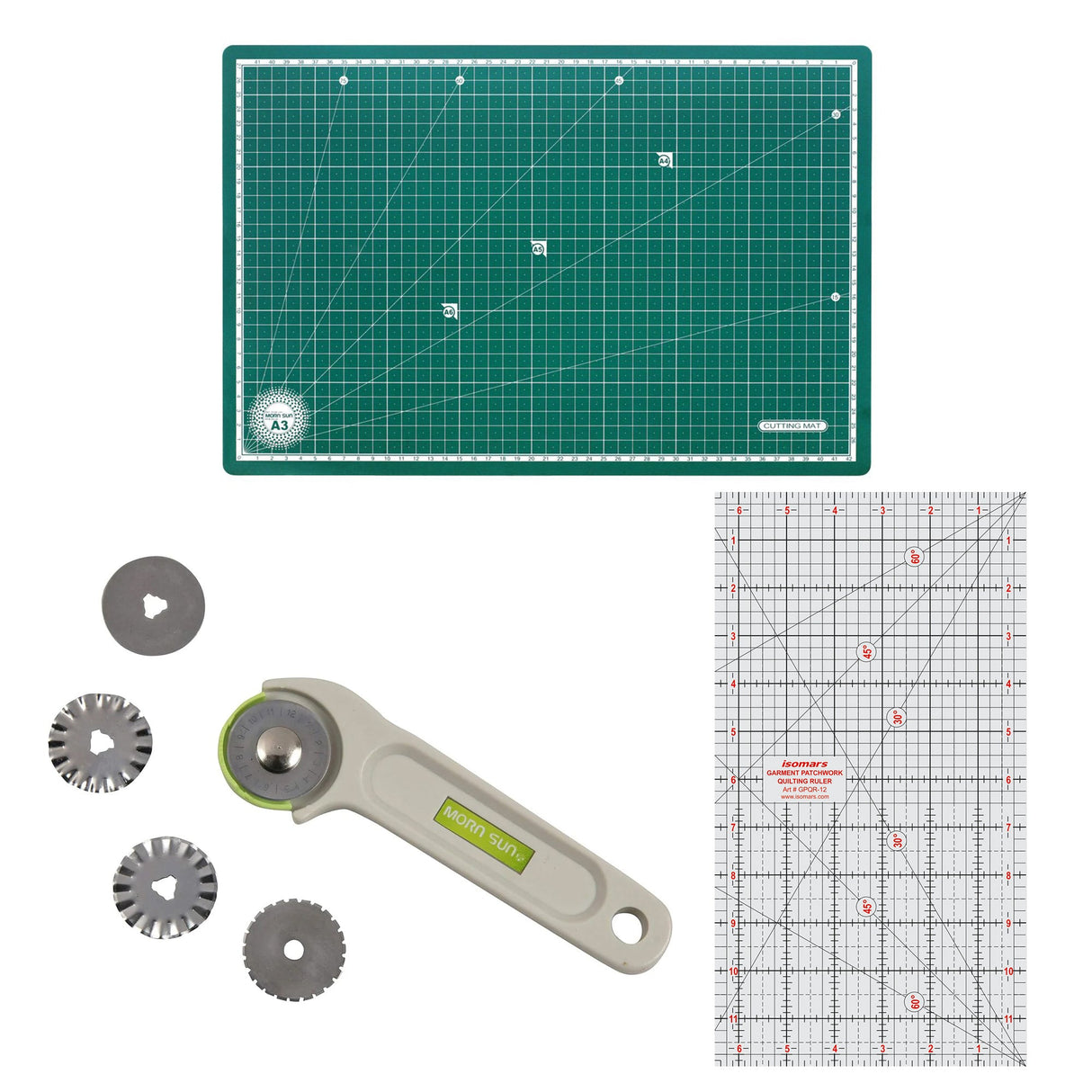 Isomars A3 Self-Healing Cutting Mat with 12 Inch Quilting Ruler and Rotary Cutter | Sewing Tools, Fabric Cutter, Patchwork Ruler, Tailoring & Fashion Designing Kit - Isomars