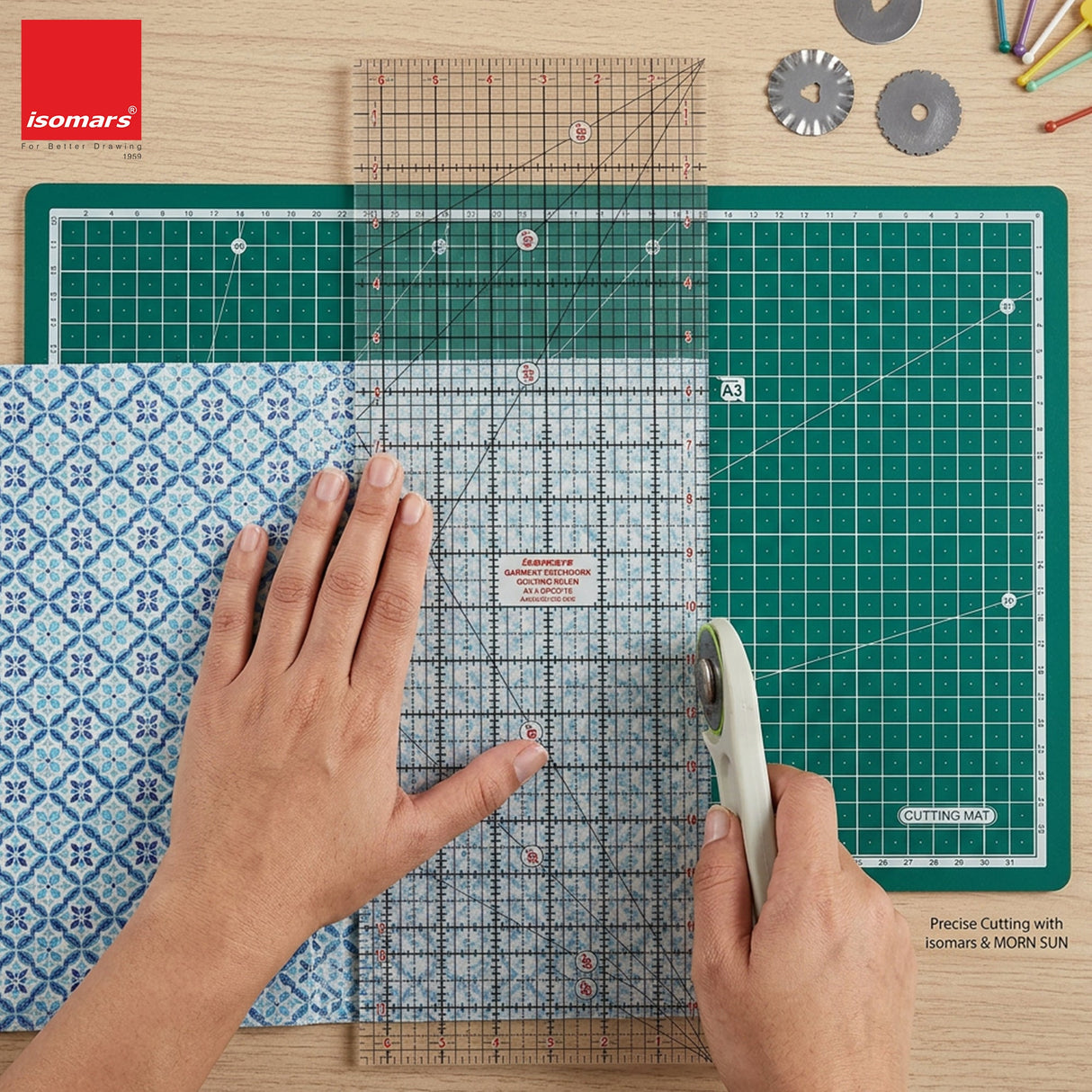 Isomars A3 Self-Healing Cutting Mat with 18 Inch Quilting Ruler & Rotary Cutter Set | Fabric Cutting Kit for Sewing, Tailoring, Quilting, Patchwork, Fashion Designing & Crafts - Isomars