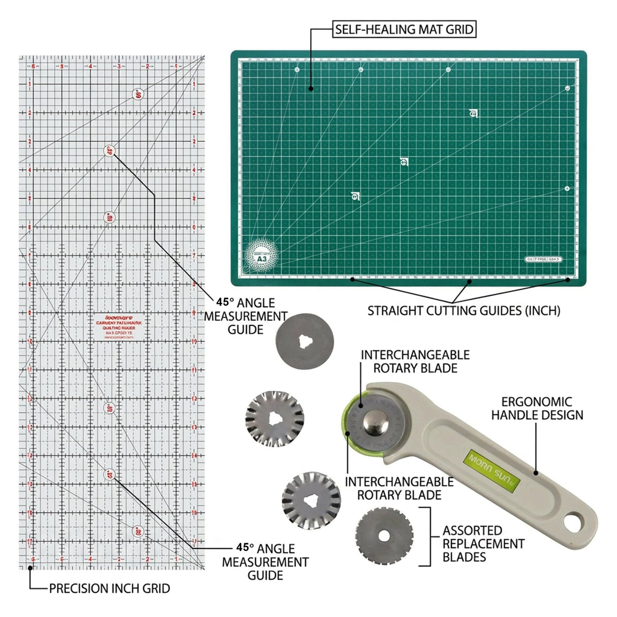 Isomars A3 Self-Healing Cutting Mat with 18 Inch Quilting Ruler & Rotary Cutter Set | Fabric Cutting Kit for Sewing, Tailoring, Quilting, Patchwork, Fashion Designing & Crafts - Isomars