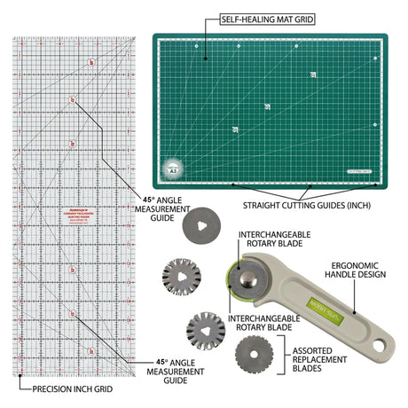 Isomars A3 Self-Healing Cutting Mat with 18 Inch Quilting Ruler & Rotary Cutter Set | Fabric Cutting Kit for Sewing, Tailoring, Quilting, Patchwork, Fashion Designing & Crafts - Isomars