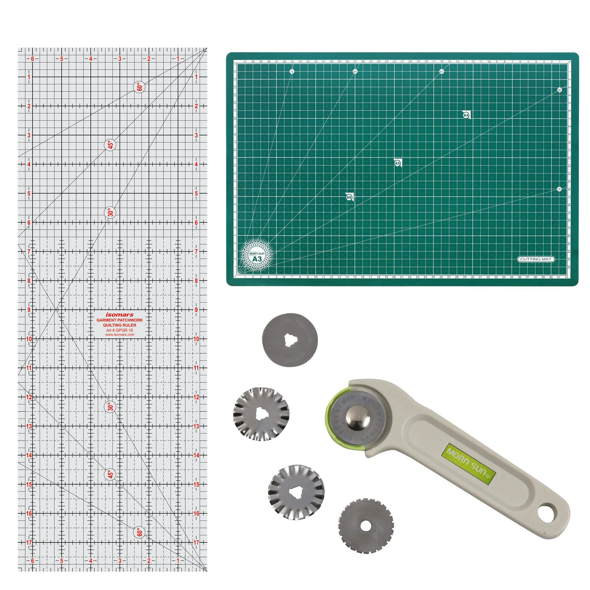 Isomars A3 Self-Healing Cutting Mat with 18 Inch Quilting Ruler & Rotary Cutter Set | Fabric Cutting Kit for Sewing, Tailoring, Quilting, Patchwork, Fashion Designing & Crafts - Isomars