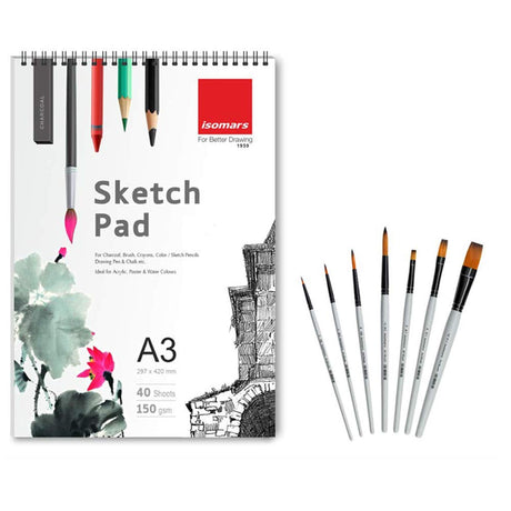 Isomars A3 Sketch Pad with Paint Brush Set of 7 | Premium Drawing & Sketching Kit for Artists - Isomars