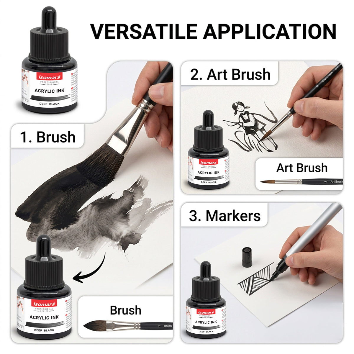 Isomars Acrylic Ink 35ml Deep Black Waterproof Ink with Dropper - Isomars