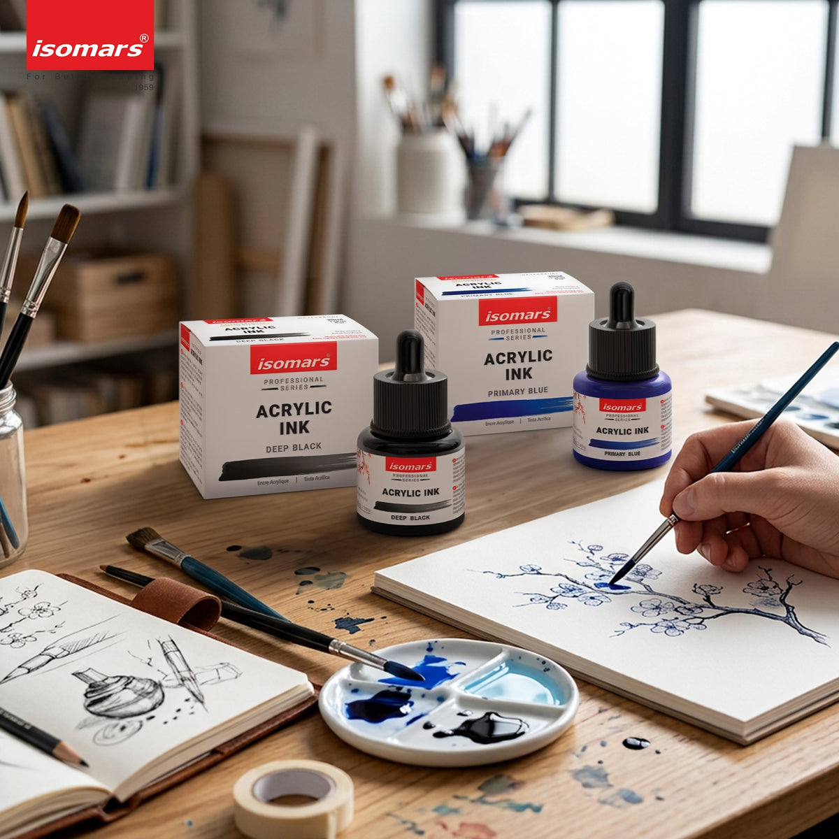 Isomars Acrylic Ink Black & Blue Combo, 35ml Each with Dropper - Isomars