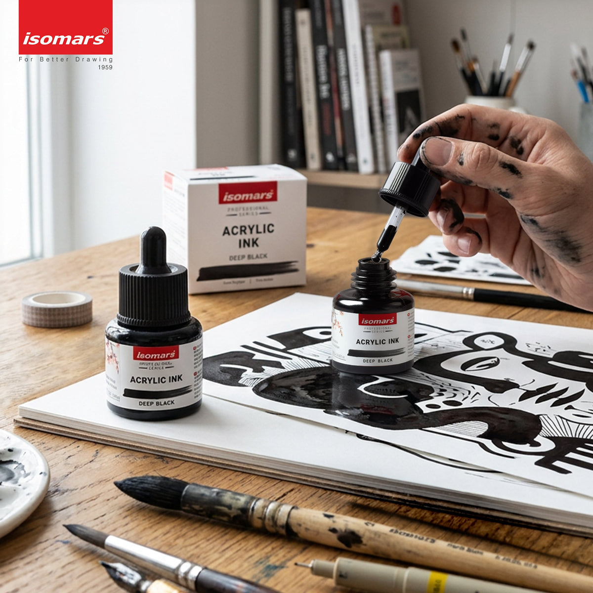 Isomars Acrylic Ink Black Set of 2, 35ml Each with Dropper - Isomars