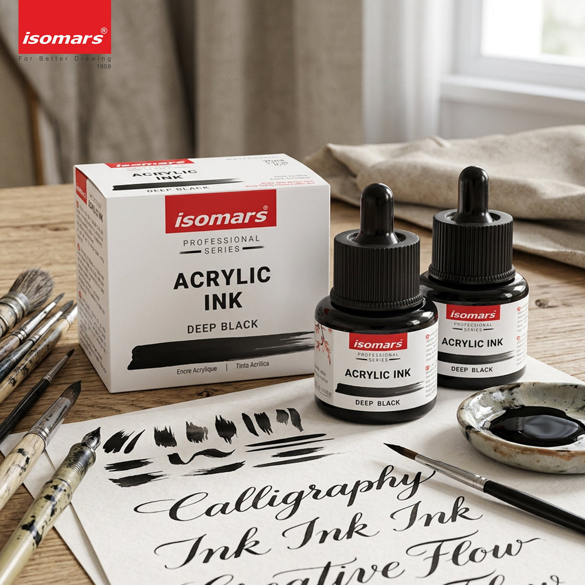 Isomars Acrylic Ink Black Set of 2, 35ml Each with Dropper - Isomars