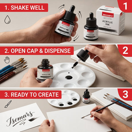 Isomars Acrylic Ink Black Set of 2, 35ml Each with Dropper - Isomars
