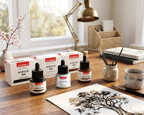 Isomars Acrylic Ink Set of 3: Deep Black, Titanium White, Brown - Isomars