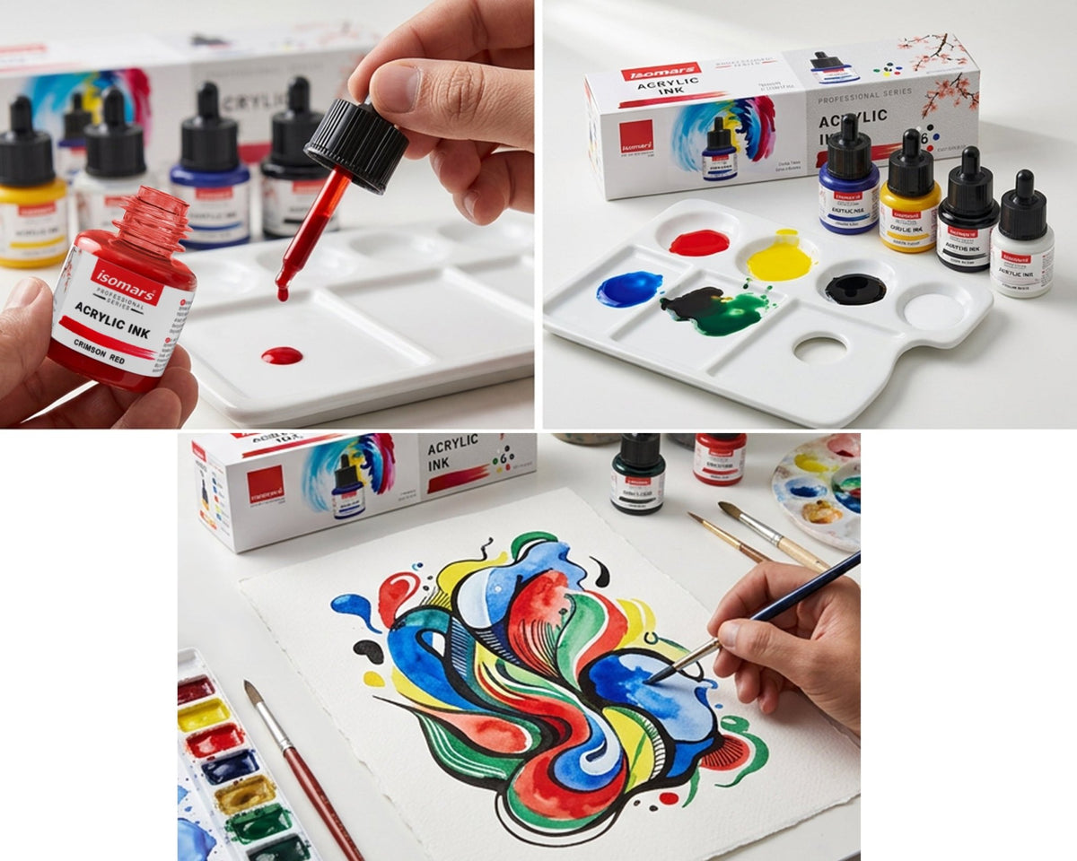 Isomars Acrylic Ink Set of 6 Colors, 35 ml Each, Waterproof Fast Dry - Isomars