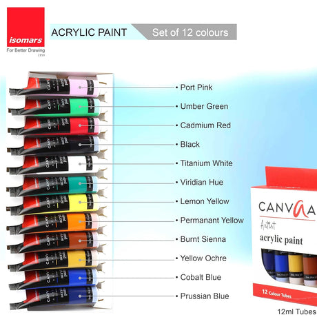 Isomars Acrylic Paint 12ml - Set of 12 Vibrant Pigminted & Fadeproof Colours 4 - Includes Round Canvaa Brush - Set of 4 ARTIST SERIES - For Canvas Painting, Scrap Book, Paper Board, Wood & Terracotta - Isomars