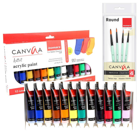 Isomars Acrylic Paint 12ml - Set of 12 Vibrant Pigminted & Fadeproof Colours 4 - Includes Round Canvaa Brush - Set of 4 ARTIST SERIES - For Canvas Painting, Scrap Book, Paper Board, Wood & Terracotta - Isomars