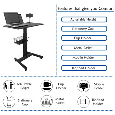 Isomars Airlift Made in India Multipurpose Height Adjustable 'SIT & Stand Laptop Table' with Foot Lever for Breakfast, Online Classes, Other Activities with Large Table Top (Black) - Isomars