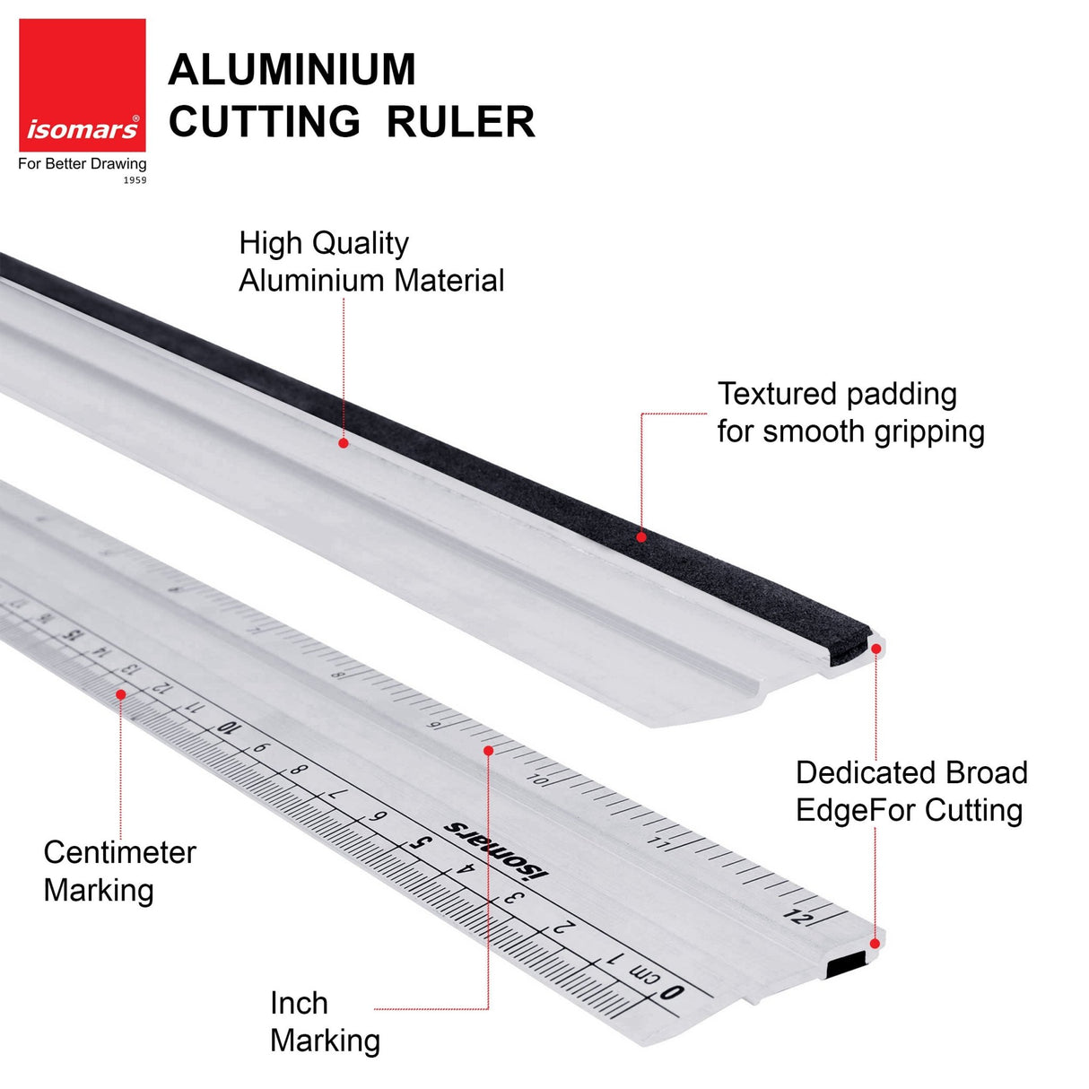 Isomars Aluminium Cutting Rulers Combo Set of 2 (12 Inch & 24 Inch) | Metal Cutting Scale with Inch & CM Markings | Non-Slip Edge for Precision Cutting, Drafting, Measuring & Craft Work - Isomars