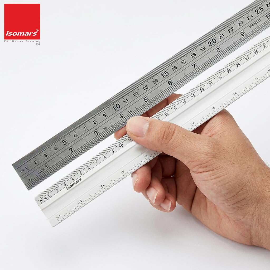 Isomars Aluminium Cutting Rulers Combo Set of 2 (12 Inch & 24 Inch) | Metal Cutting Scale with Inch & CM Markings | Non-Slip Edge for Precision Cutting, Drafting, Measuring & Craft Work - Isomars