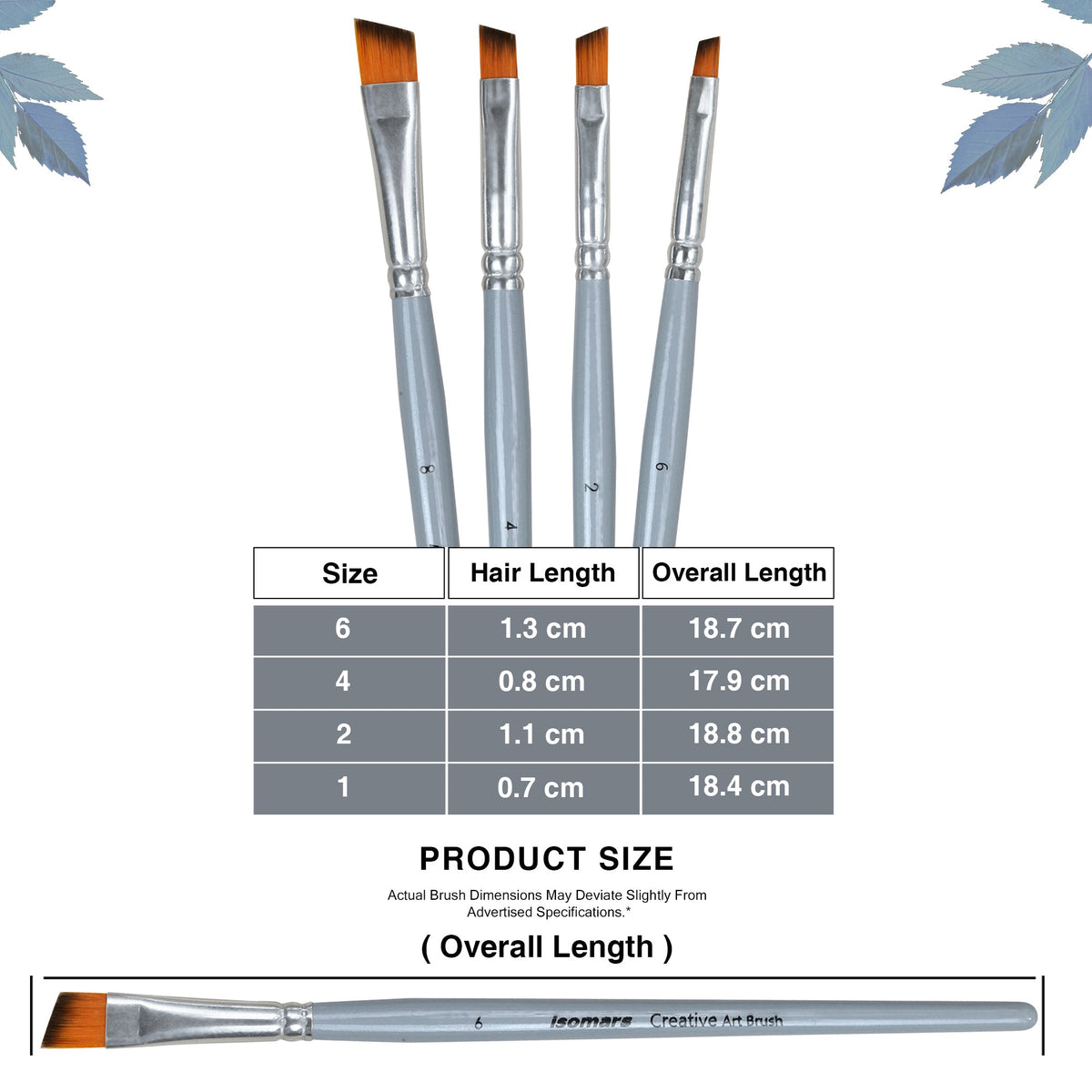 Isomars Angular Paint Brush Set of 4, Sizes 2, 4, 6, 8 - Isomars