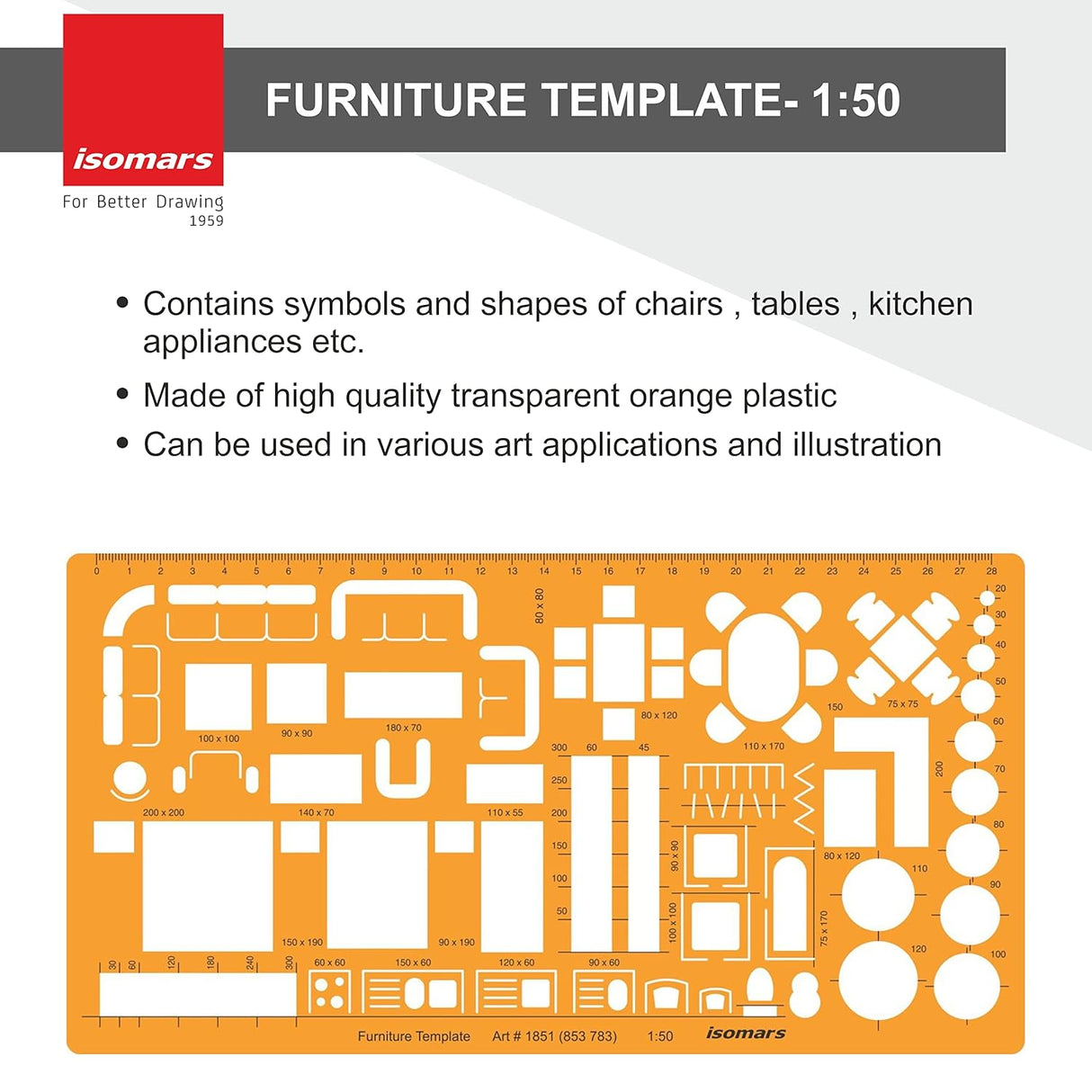 Isomars Architect Template Set of 3 | Scale 1:50, 1:100 & 1:200 Drawing Drafting Stencils for Furniture Layout, House Planning, Interior Design, Architecture, Blueprint & Floor Plan Drawing - Isomars