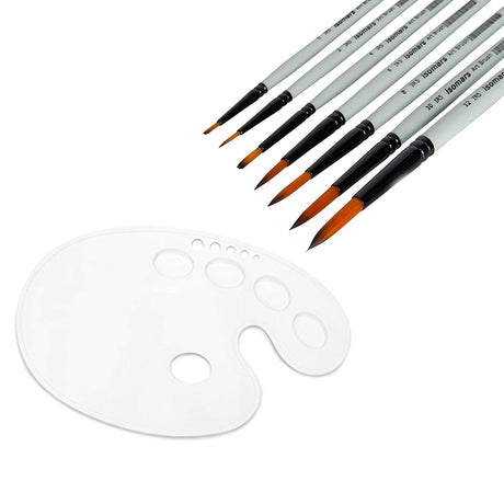 Isomars Artist Paint Brush Set of 7 with Color Palette | Portable White Paint Mixing Palette with Ergonomic Grip & Round Synthetic Brushes for Acrylic, Watercolor & Oil Painting - Isomars