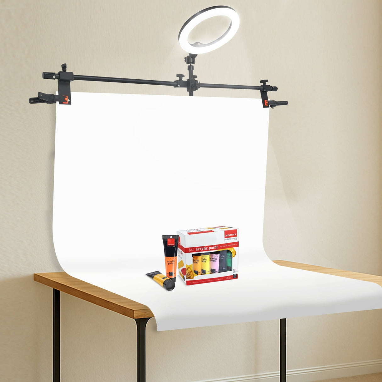ISOMARS Backdrop Stand, Background Sheet Holder Stand, T-Shape Backdrop Stand, 33 inches Height & 41 inches Length, Table Holding C clamp, Adjustable Height and Backdrop, Phtography Stand - Isomars