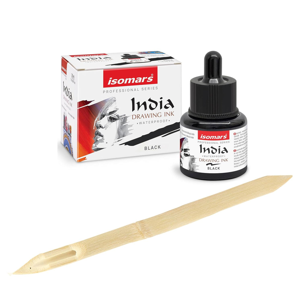 Isomars Bamboo Dip Pen with India Drawing Ink Black 35ml | Hand-Carved Calligraphy Pen Set for Lettering, Sketching & Illustration | Reusable Wooden Ink Pen for Artists & Beginners - Isomars