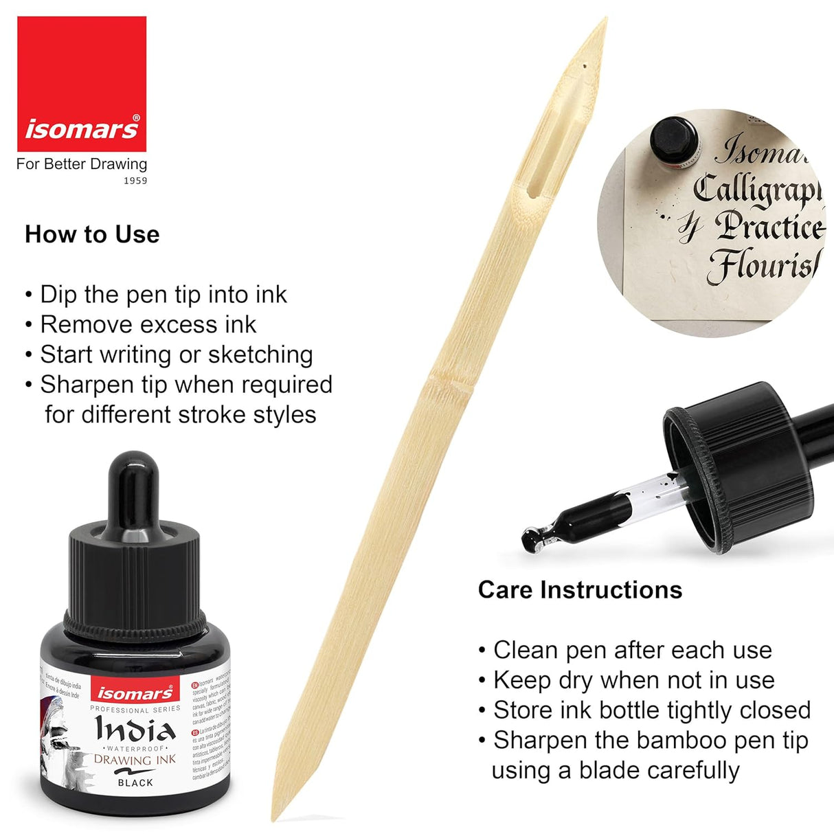 Isomars Bamboo Dip Pen with India Drawing Ink Black 35ml | Hand-Carved Calligraphy Pen Set for Lettering, Sketching & Illustration | Reusable Wooden Ink Pen for Artists & Beginners - Isomars