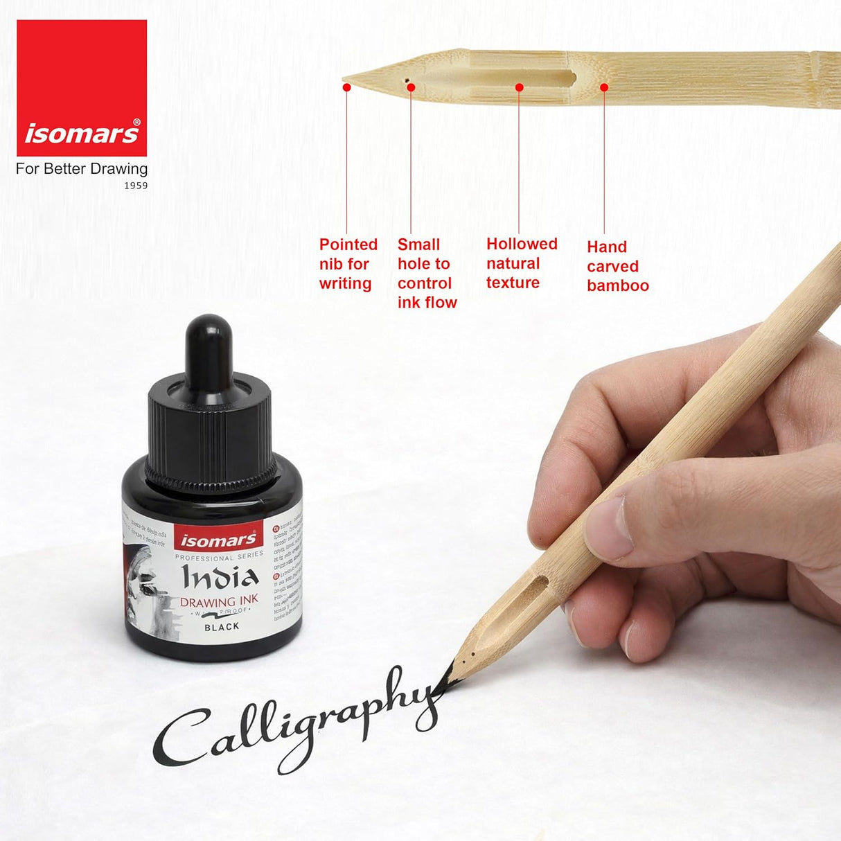 Isomars Bamboo Dip Pen with India Drawing Ink Black 35ml | Hand-Carved Calligraphy Pen Set for Lettering, Sketching & Illustration | Reusable Wooden Ink Pen for Artists & Beginners - Isomars