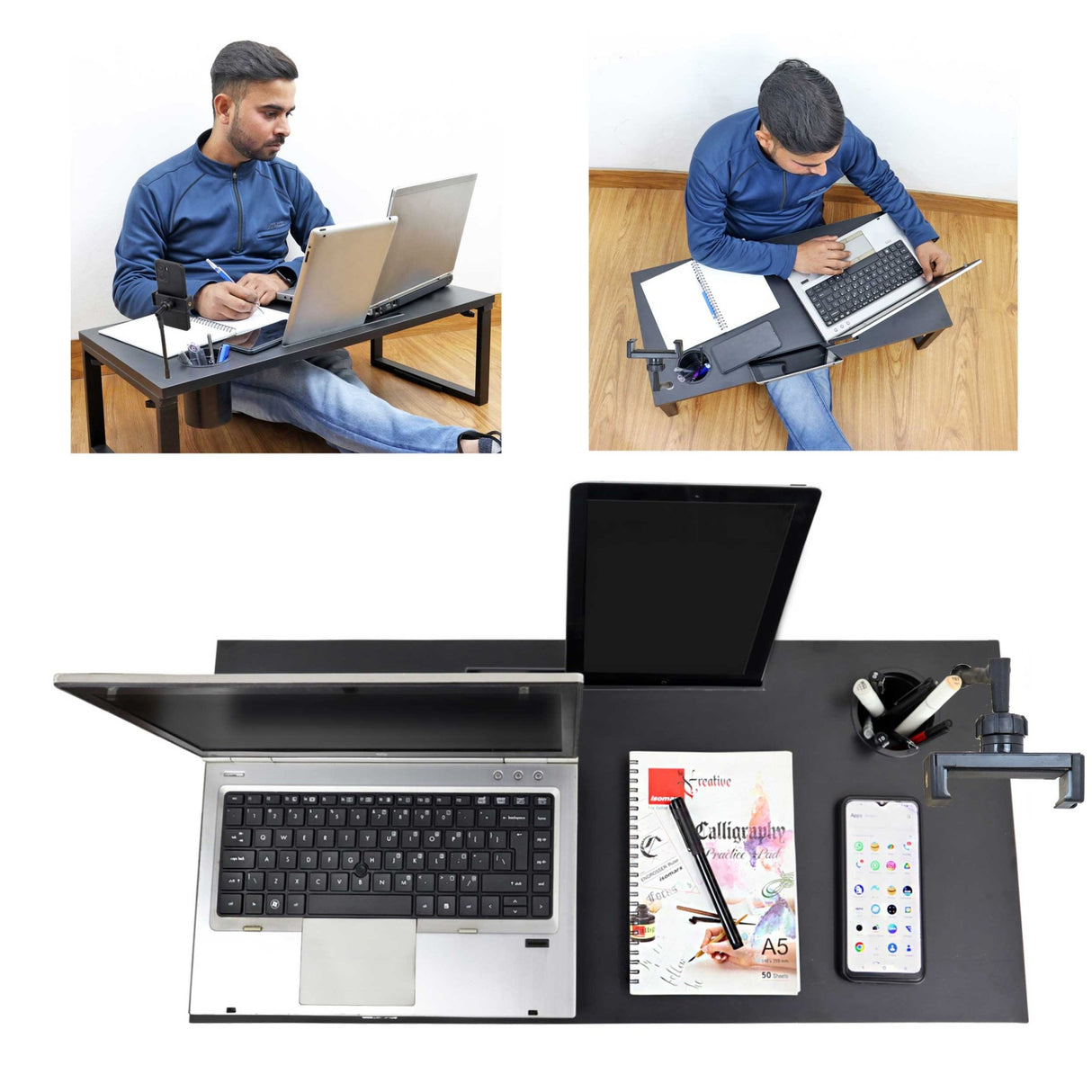 Isomars Bed Desk/Floor Desk with Mobile Holder 76cm x 35.5cm (30" x 14") Laptop Study Table for Work from Home, Online Classes, Card Games and Kid's Activities (Black) - Isomars