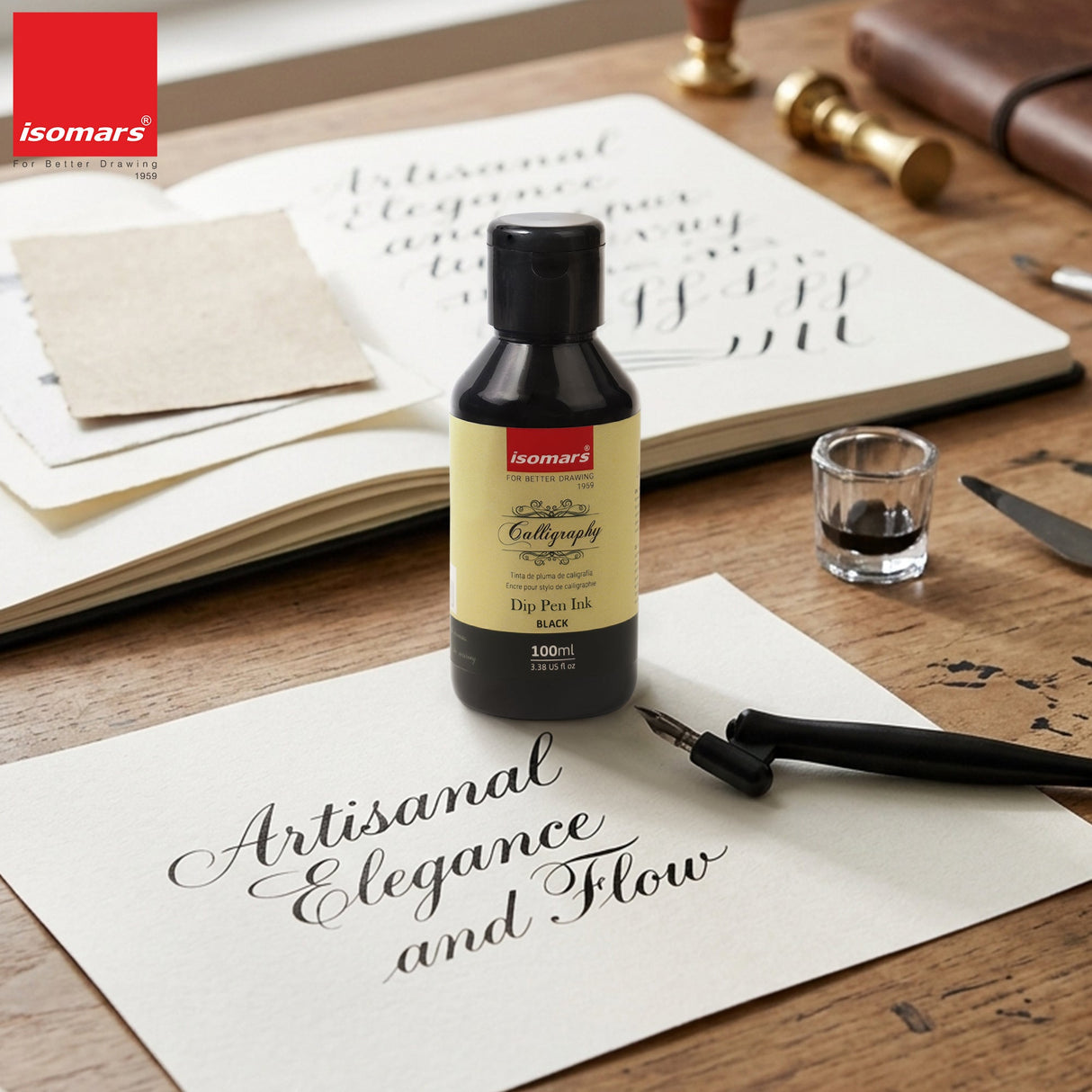 ISOMARS Calligraphy Dip Pen Ink Black, 100ml, Rich Pigmented Ink - Isomars